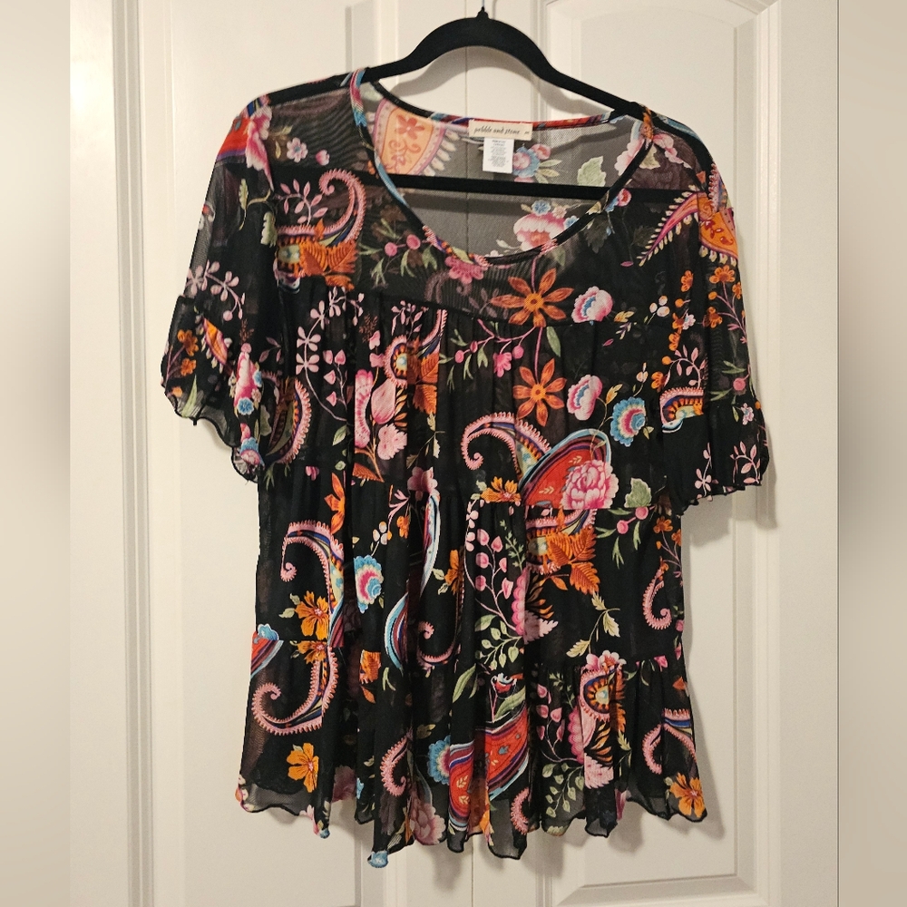 PEBBLE AND STONE Blouse Womens Floral Black Semi Sheer  Top Sz M